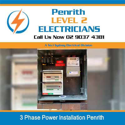 3 phase power installation with electrical meter and distribution board in open enclosure in Penrith
