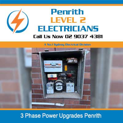 3 phase power upgrades with electrical meter and switchboard mounted in brick wall recess in Penrith