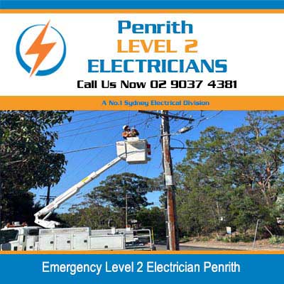 Utility truck with extended boom lift positioned near power pole for emergency electrical work in Penrith