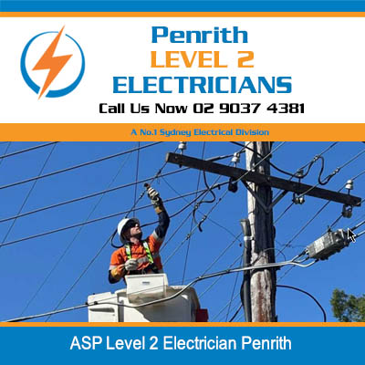 Level 2 electrician in cherry picker bucket performing maintenance on power pole in Penrith